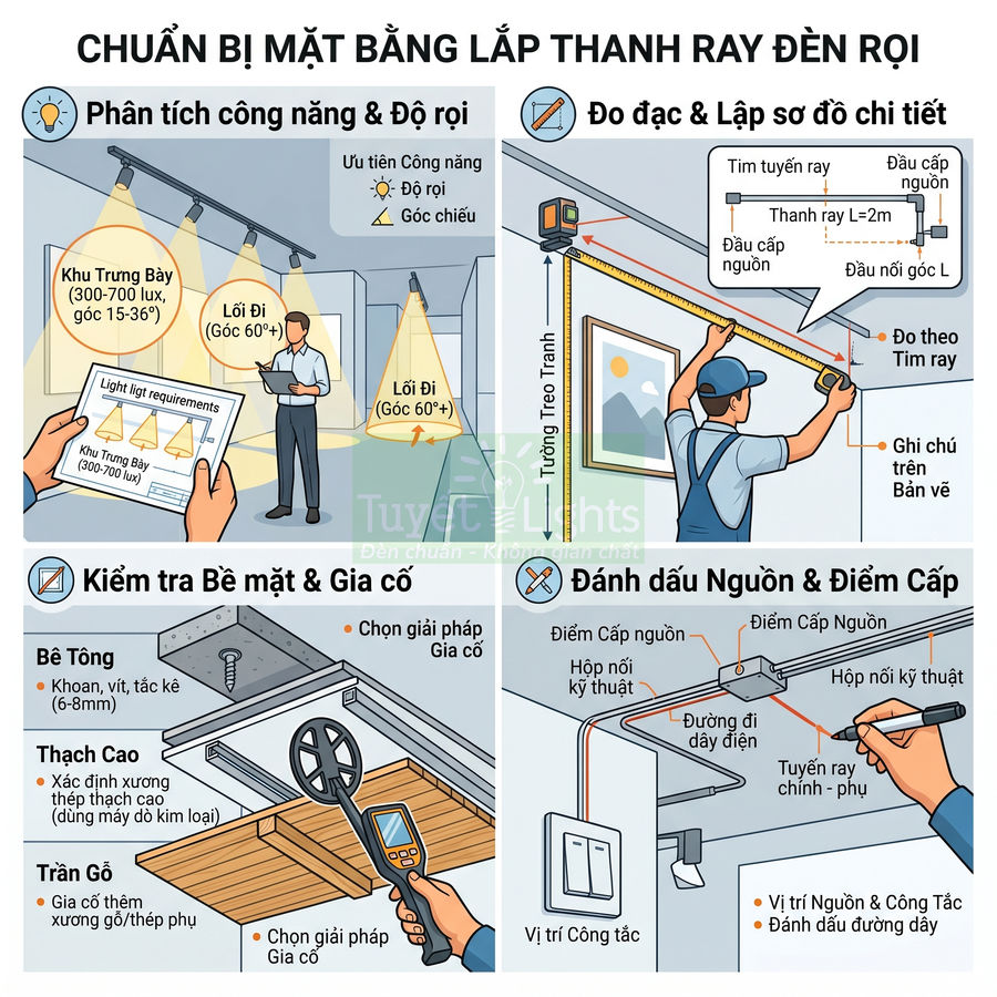 Hướng dẫn chuẩn bị mặt bằng và lắp đặt thanh ray đèn rọi chiếu sáng trần nhà